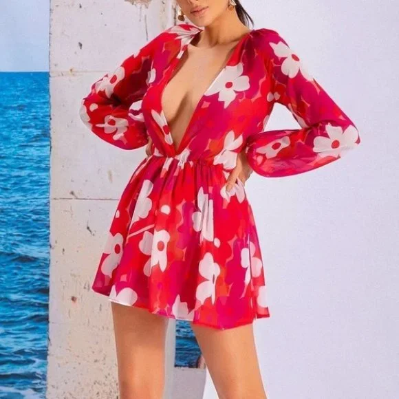 Floral Plunging Neck Lantern Sleeve Dress - Picture 3 of 5